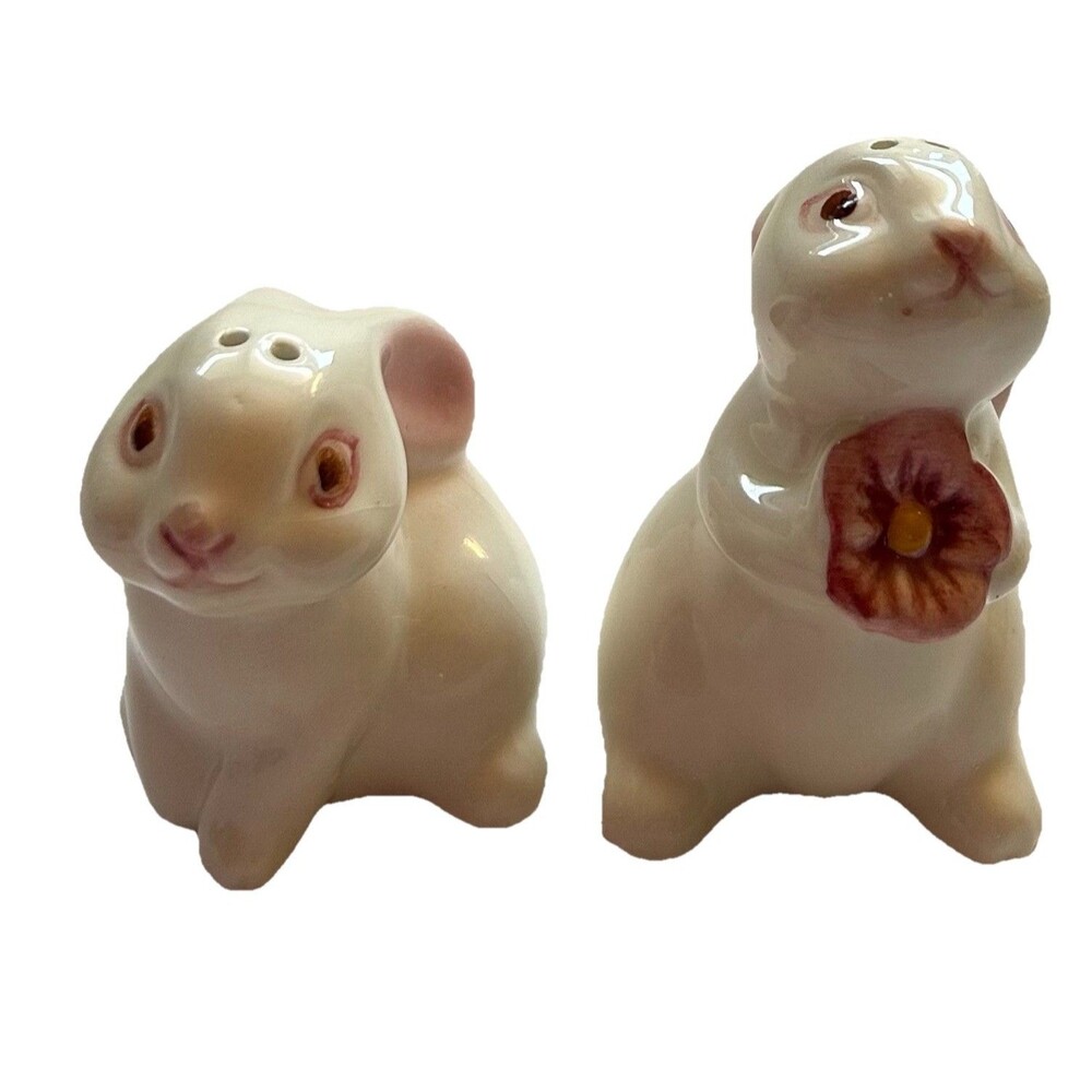 Salt Pepper Shakers Vintage Pink White Bunny Rabbit with Flower 1983 Made Brazil
